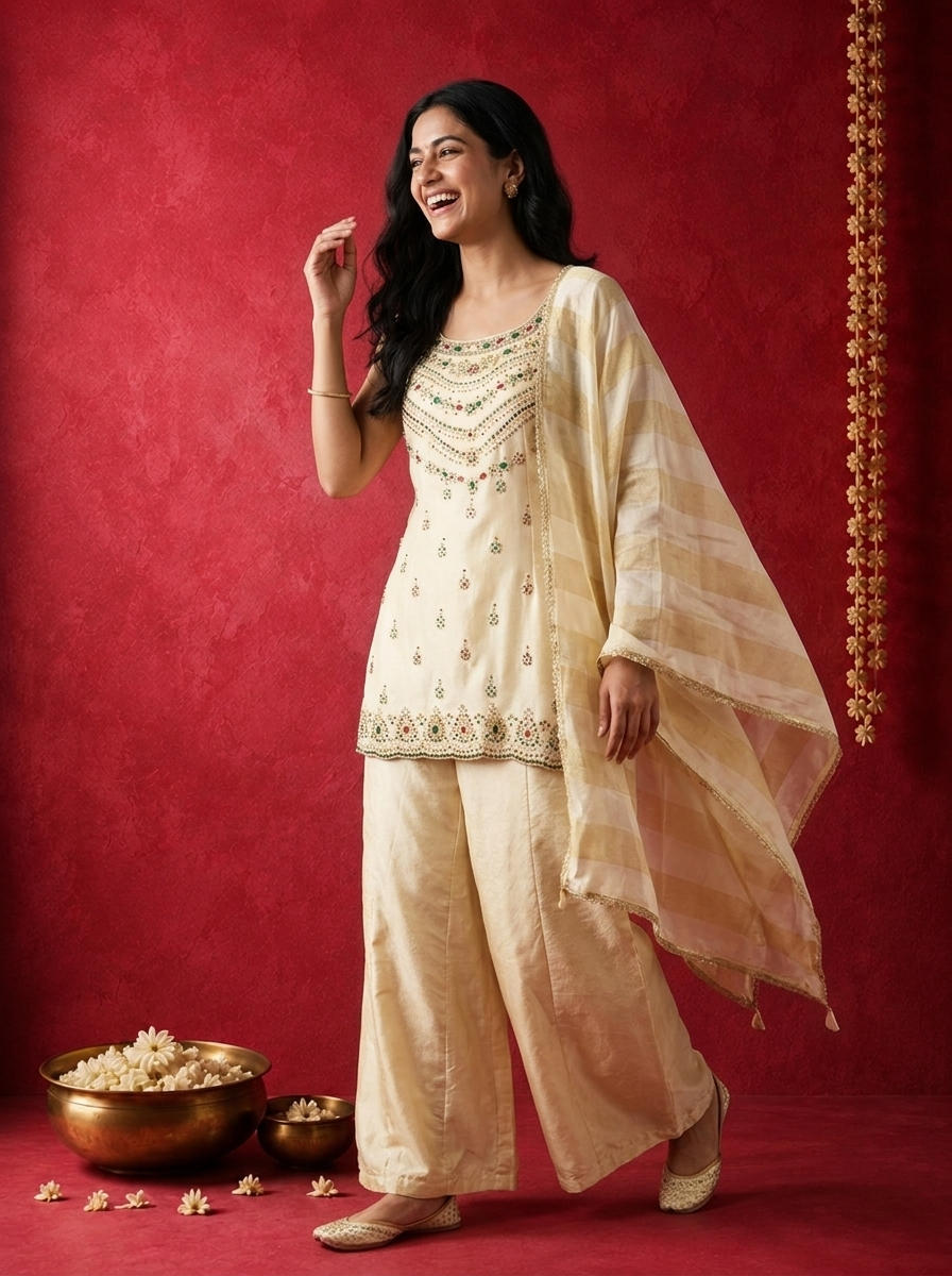 Cream Tissue Multi-Color Stone Embroidered Three Piece Set