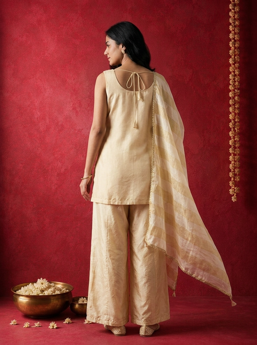 Cream Tissue Multi-Color Stone Embroidered Three Piece Set