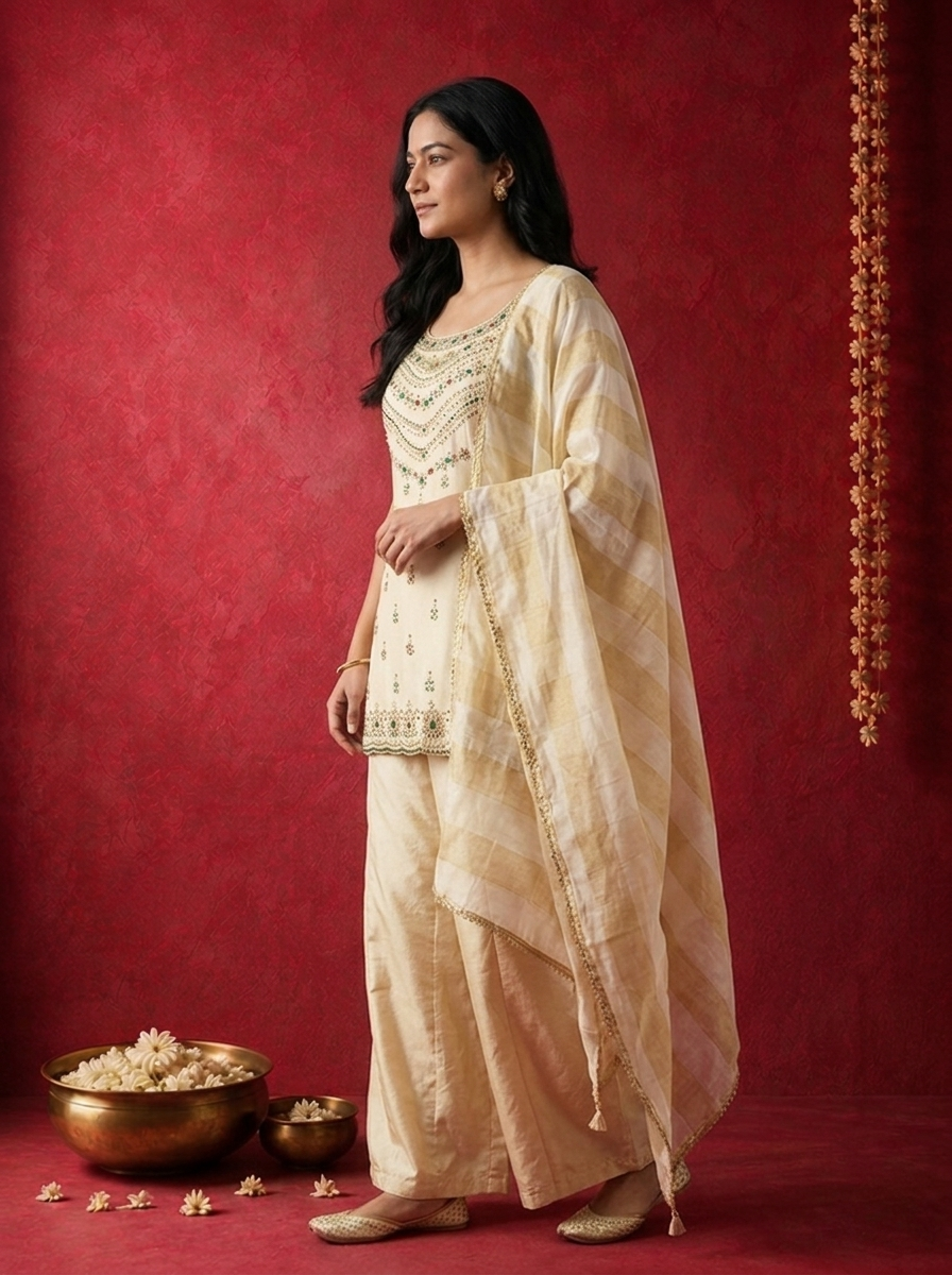 Cream Tissue Multi-Color Stone Embroidered Three Piece Set