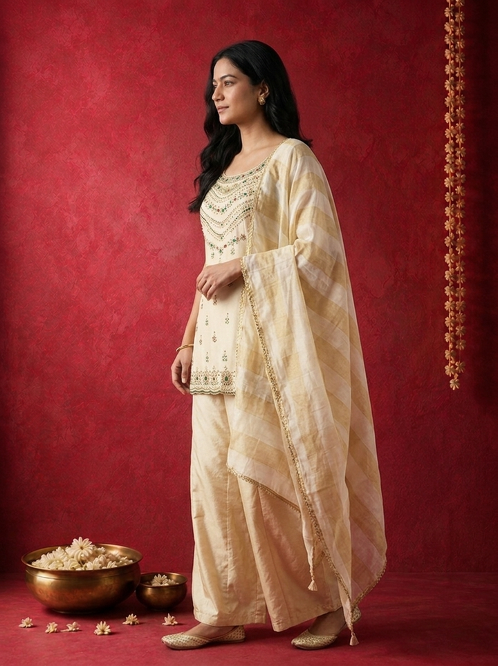 Cream Tissue Multi-Color Stone Embroidered Three Piece Set
