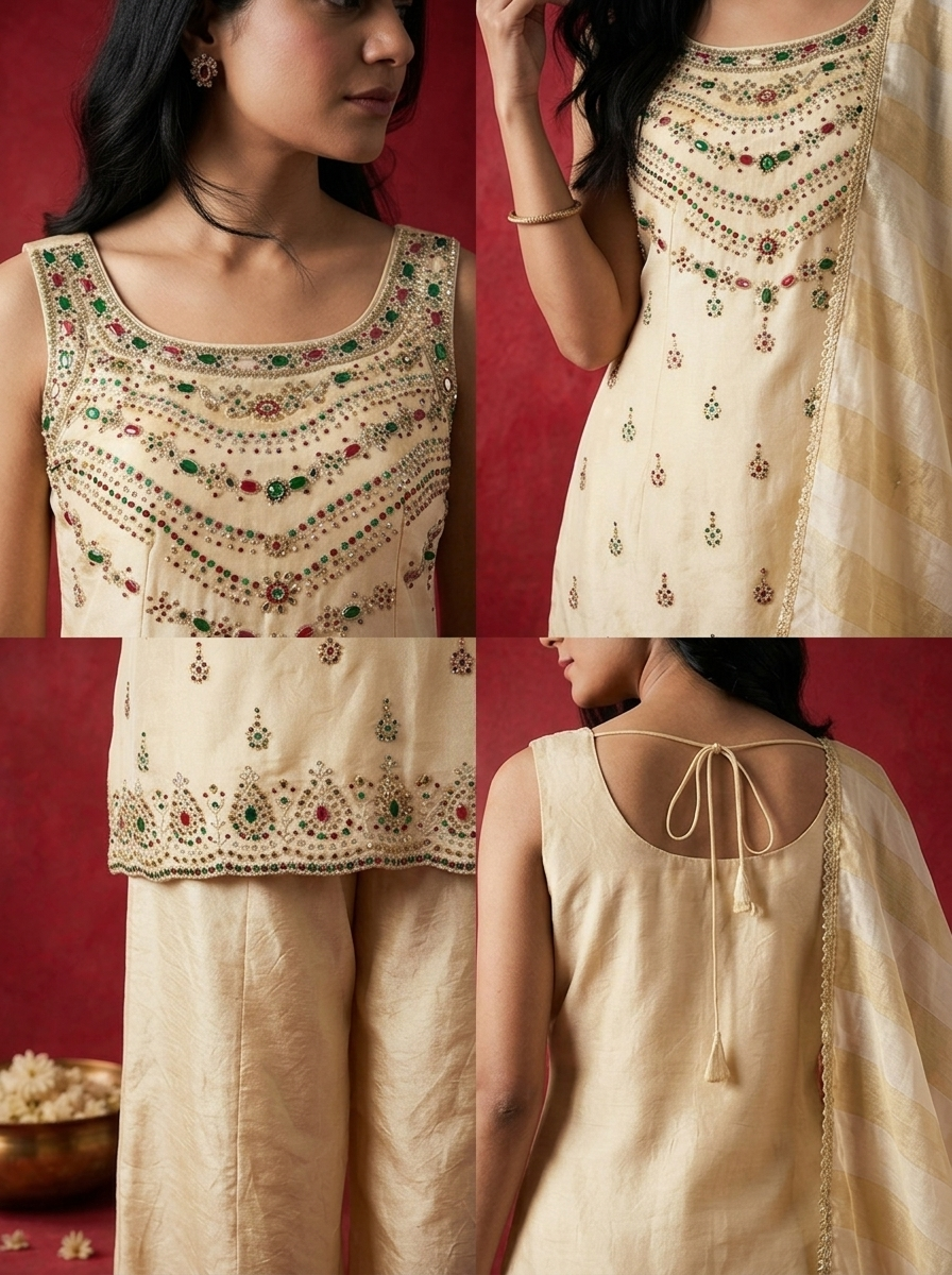 Cream Tissue Multi-Color Stone Embroidered Three Piece Set