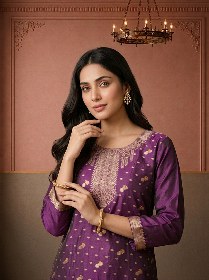 Purple Silk Paithani Mayur Weaved Three Piece Set