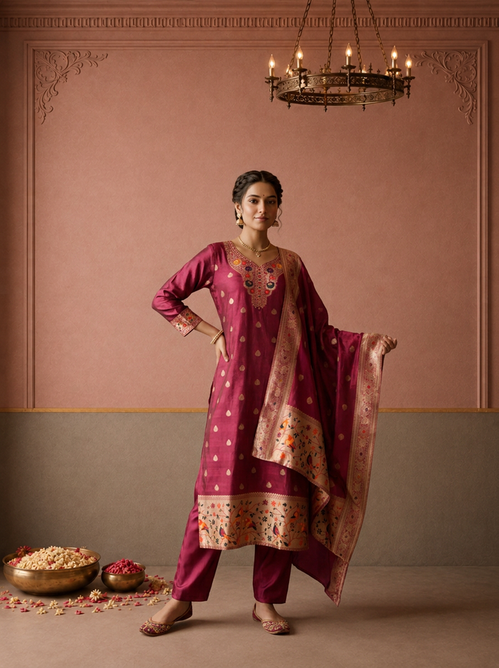 Magenta Silk Munia Parrot Paithani Weaved Three Piece Set