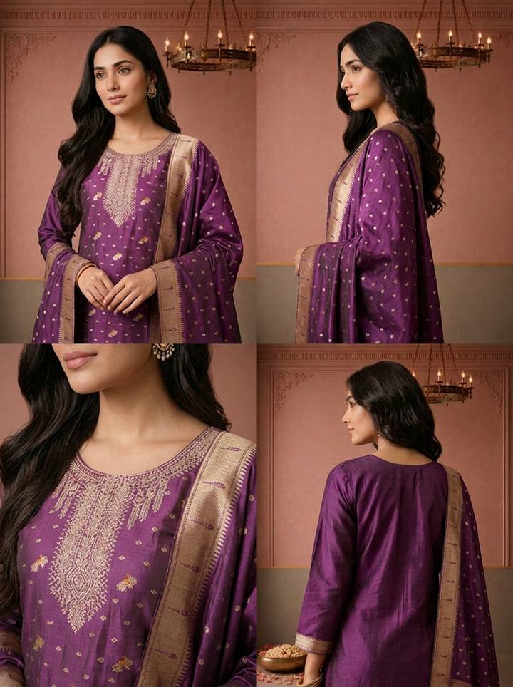 Purple Silk Paithani Mayur Weaved Three Piece Set