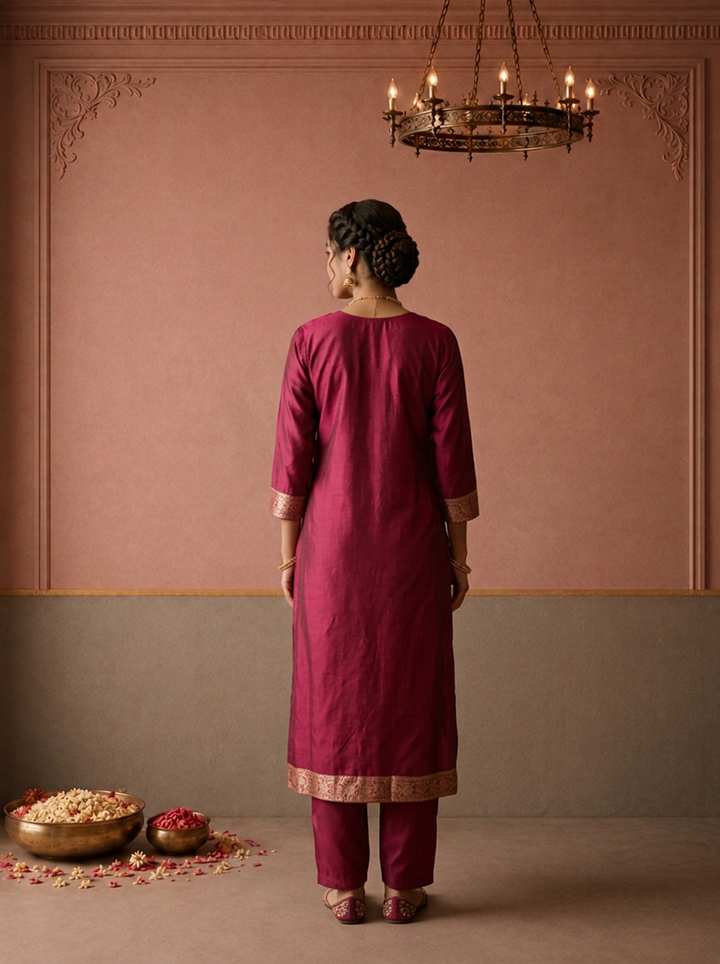Magenta Silk Munia Parrot Paithani Weaved Three Piece Set