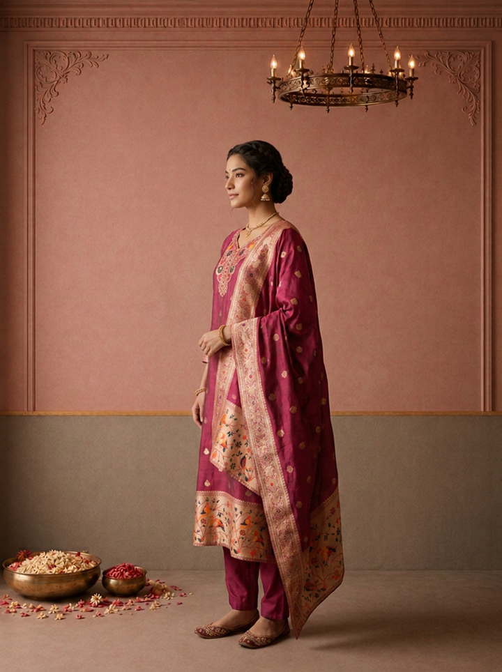 Magenta Silk Munia Parrot Paithani Weaved Three Piece Set