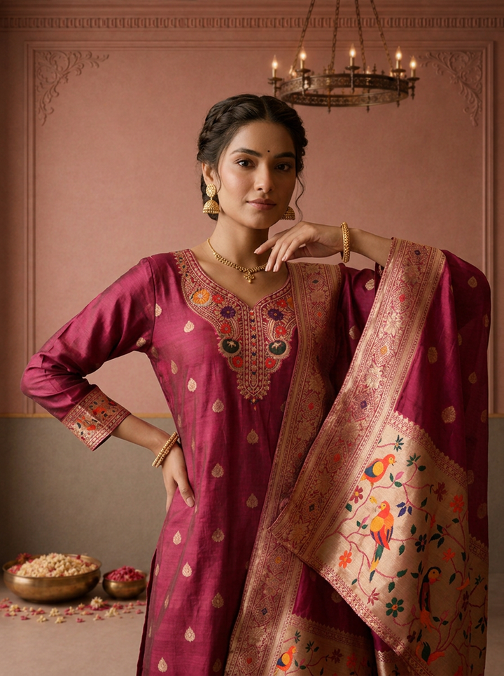 Magenta Silk Munia Parrot Paithani Weaved Three Piece Set
