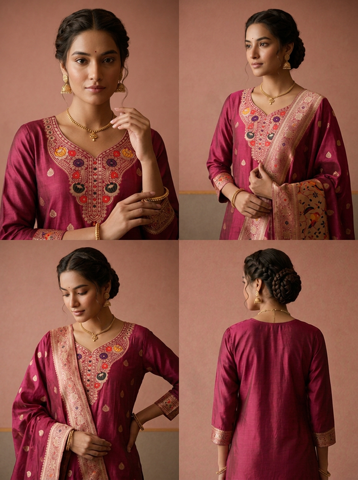 Magenta Silk Munia Parrot Paithani Weaved Three Piece Set