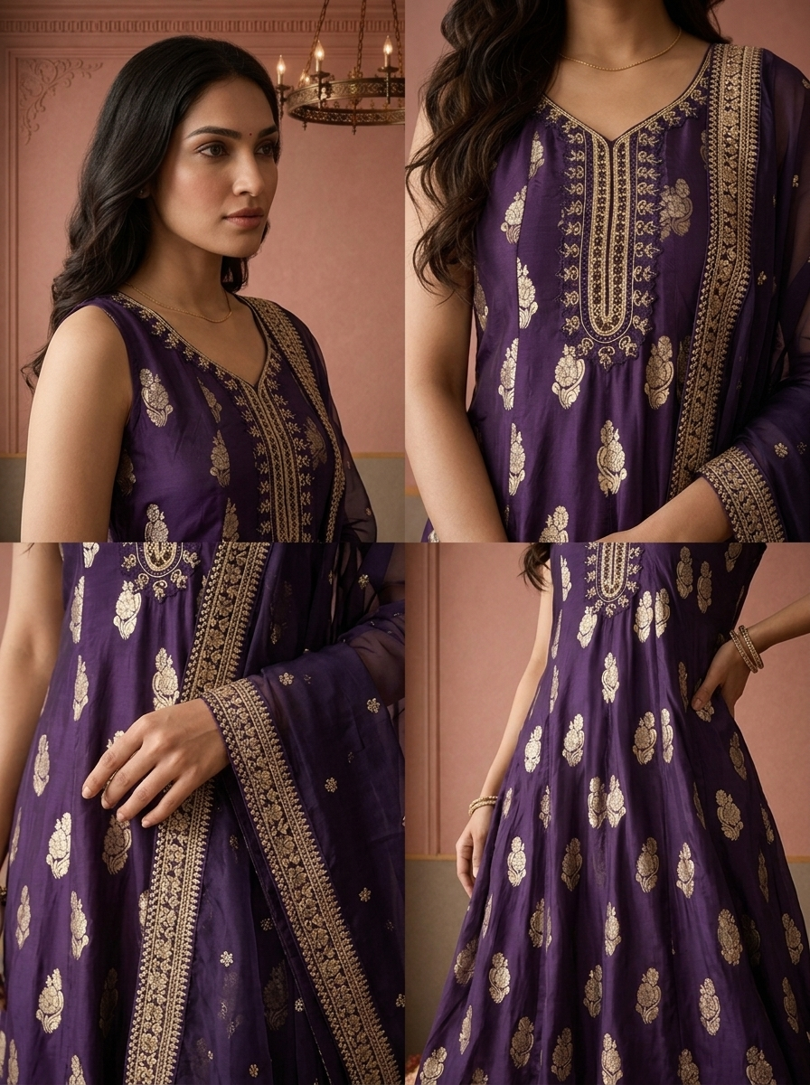 Purple Silk Zari Butta Weaved Three Piece Set