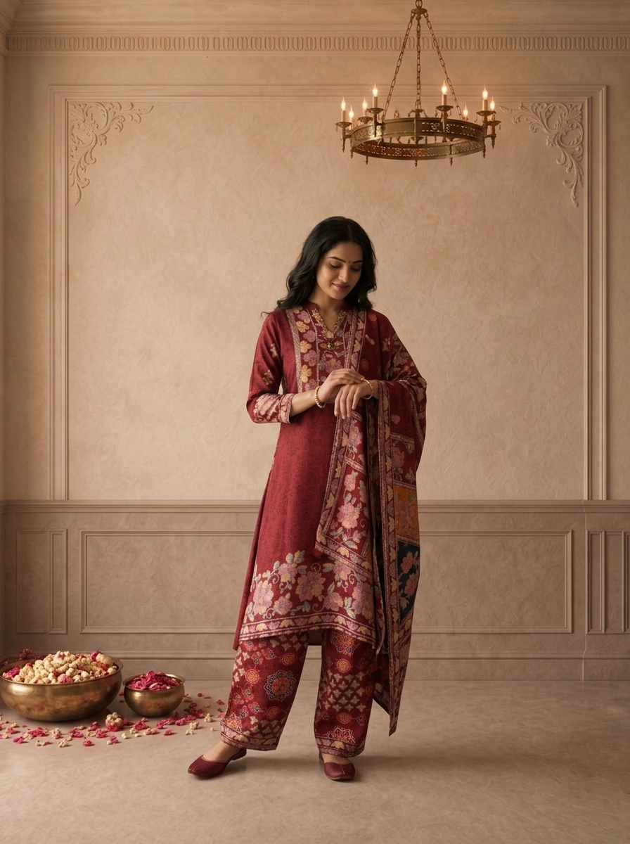 Burgundy Crepe Multicolor Ajrakh Floral Printed Three Piece Set