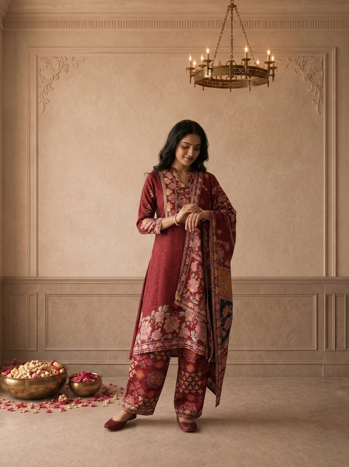 Burgundy Crepe Multicolor Ajrakh Floral Printed Three Piece Set