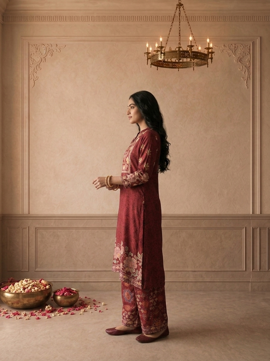 Burgundy Crepe Multicolor Ajrakh Floral Printed Three Piece Set