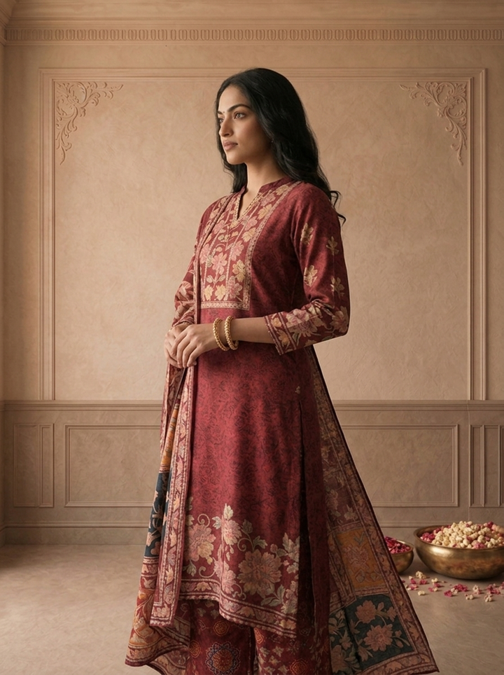 Burgundy Crepe Multicolor Ajrakh Floral Printed Three Piece Set