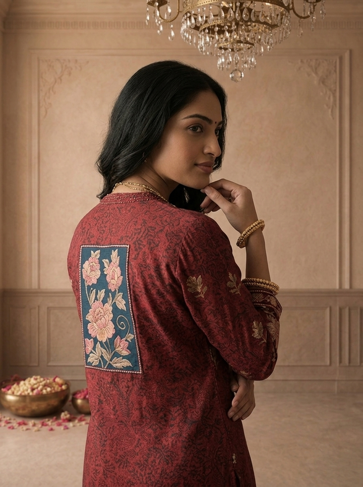 Burgundy Crepe Multicolor Ajrakh Floral Printed Three Piece Set
