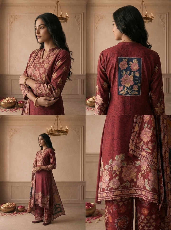 Burgundy Crepe Multicolor Ajrakh Floral Printed Three Piece Set