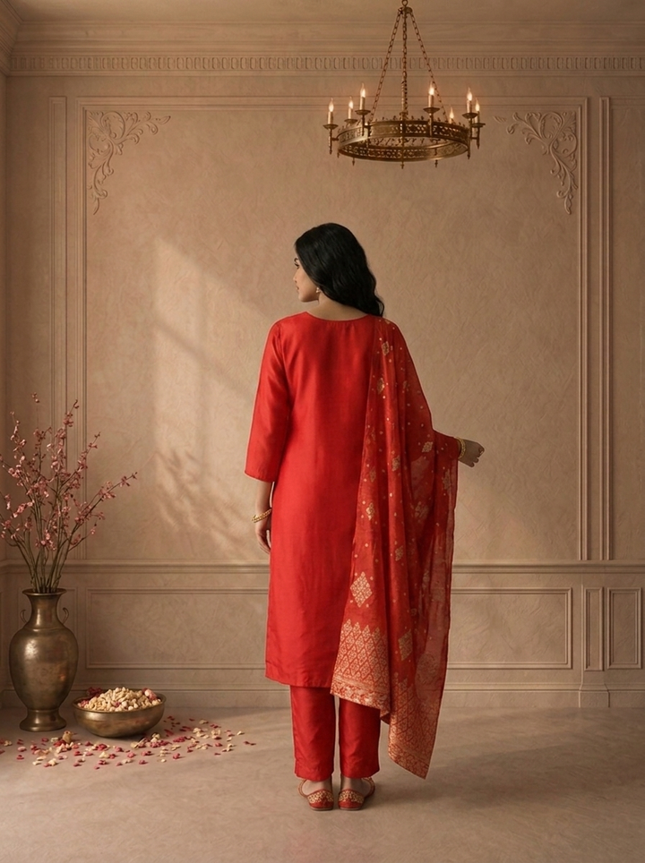 Red Silk Zari Embroidered Three Piece Set