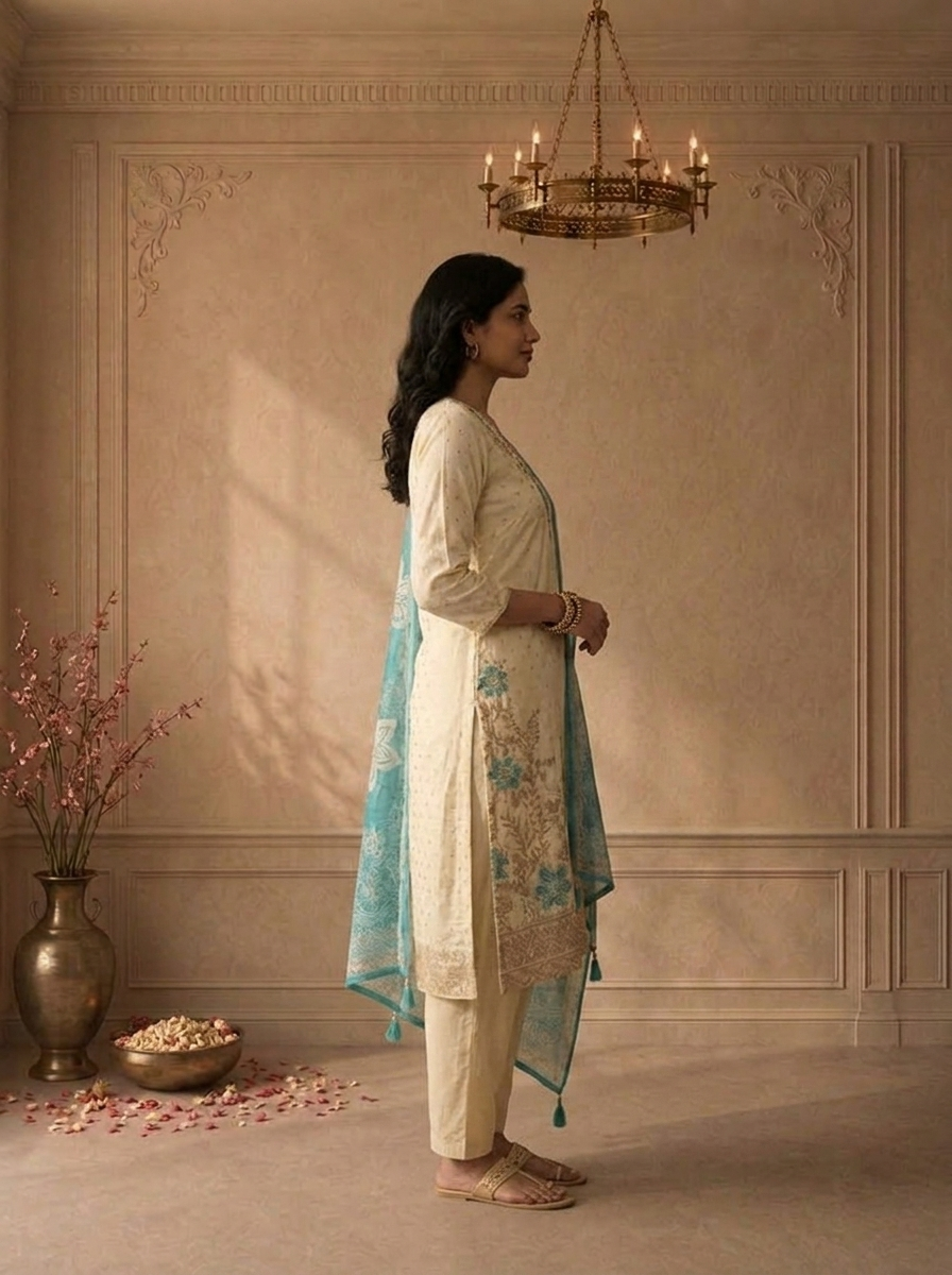 Green Tissue Small Butis With Floral Embroidered Three Piece Set