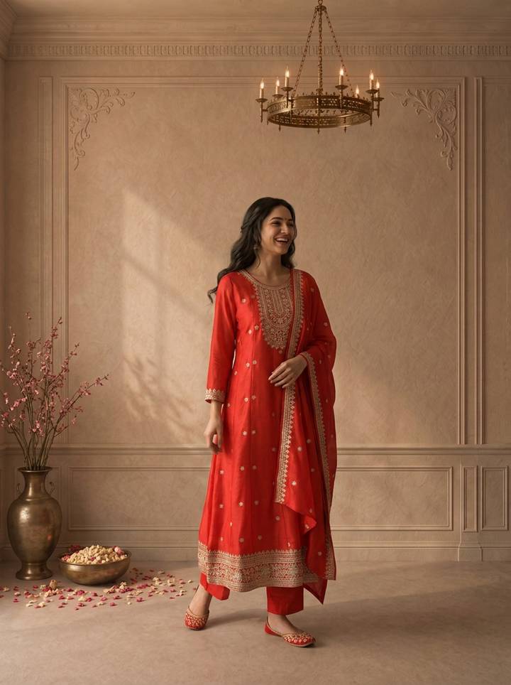 Red Silk Heavy Gold Zari Embroidered Three Piece Set