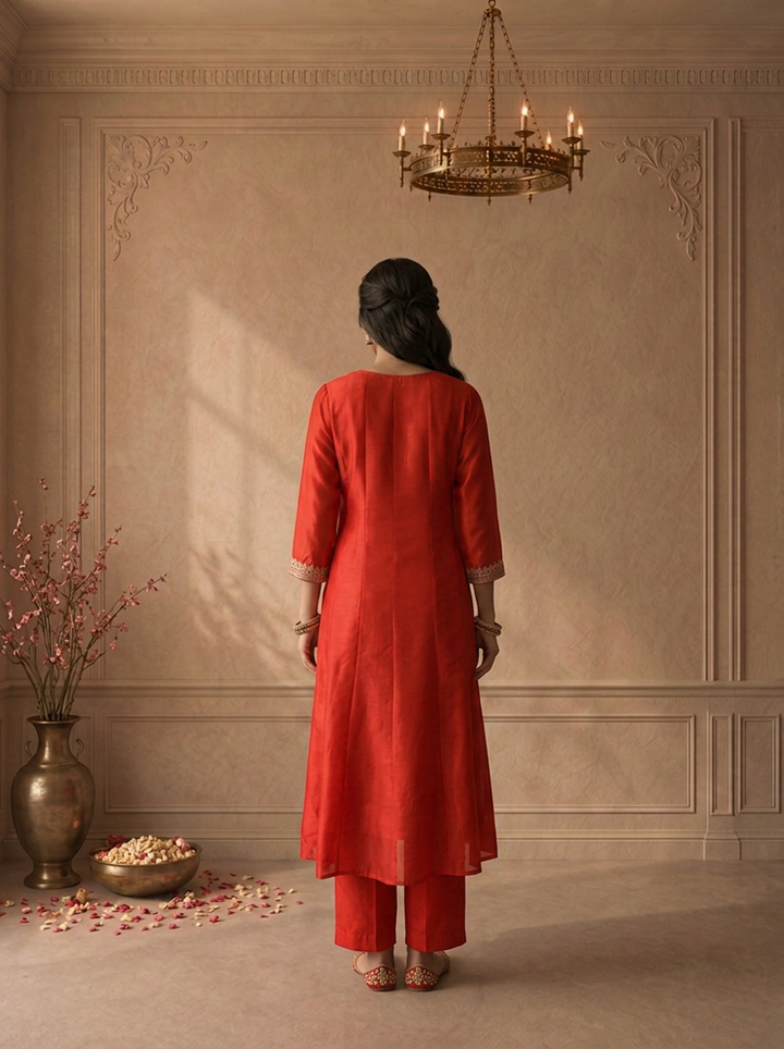 Red Silk Heavy Gold Zari Embroidered Three Piece Set