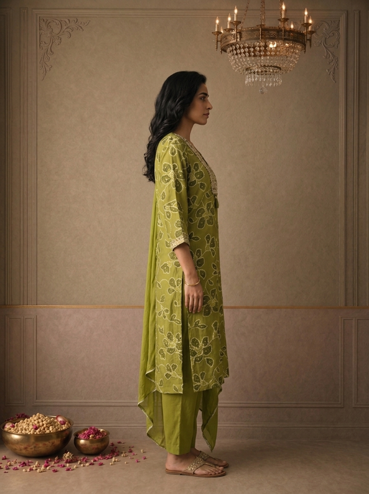 Mehadi Green Rayon Bandhani Floral Printed Three Piece Set