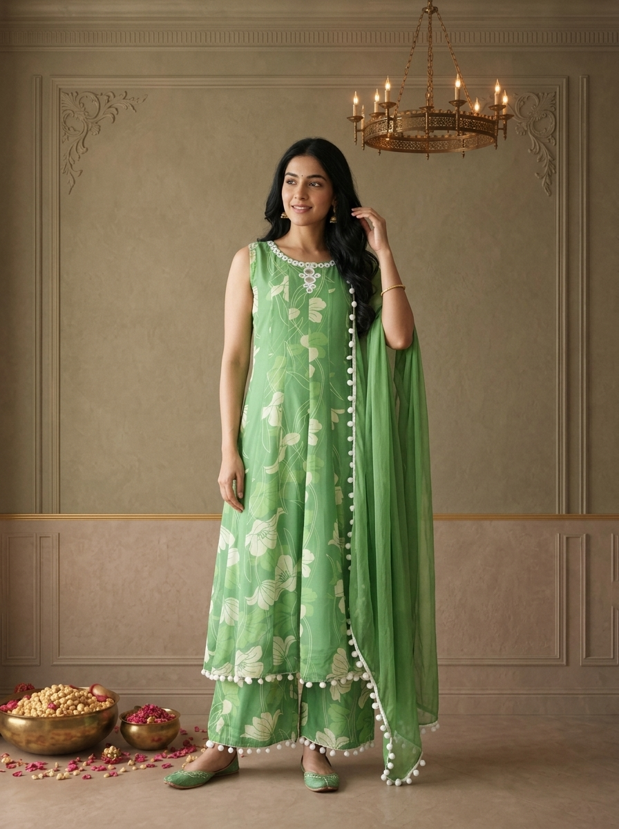 Green Georgette Floral Vine Printed Three Piece Set