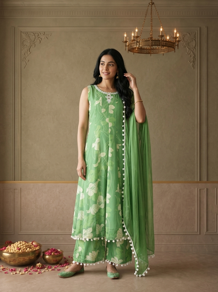 Green Georgette Floral Vine Printed Three Piece Set