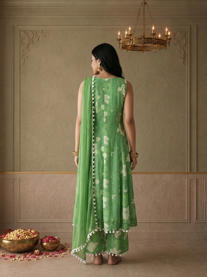 Green Georgette Floral Vine Printed Three Piece Set