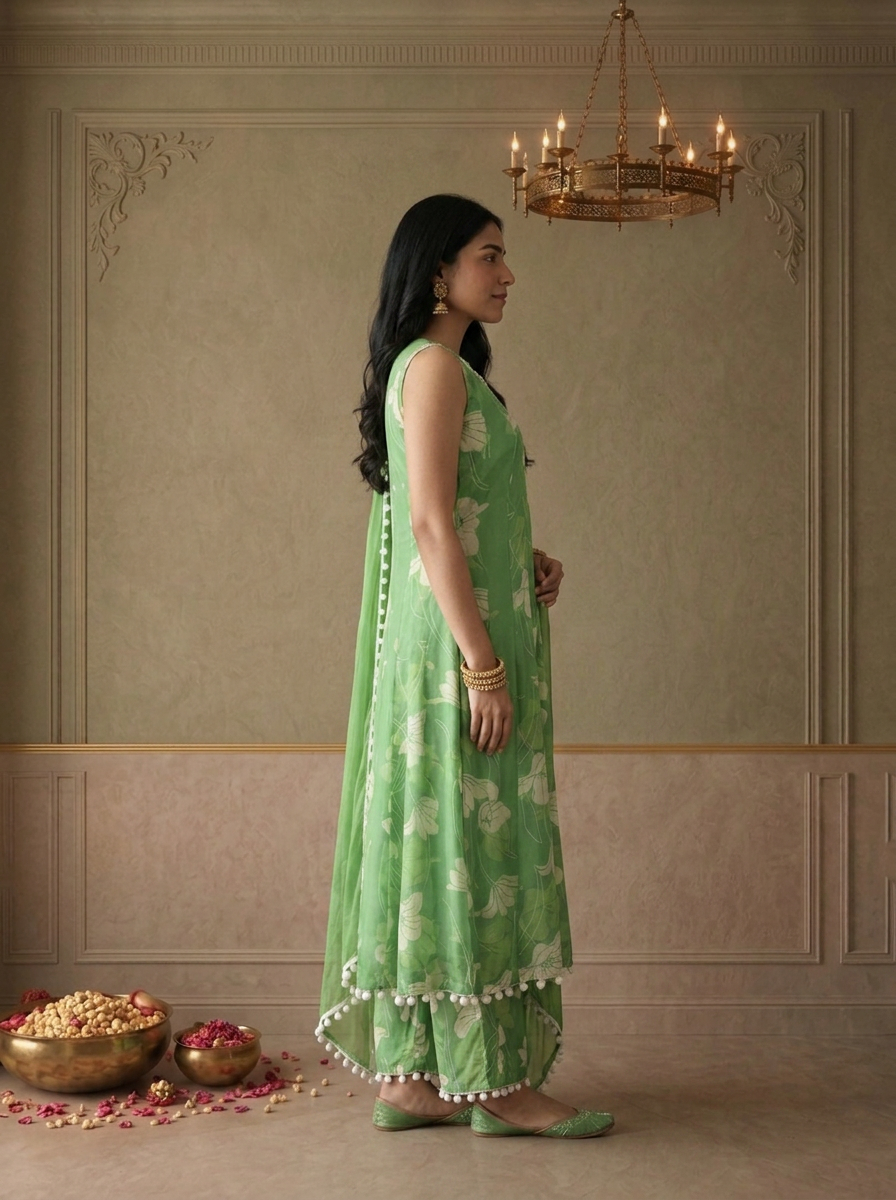 Green Georgette Floral Vine Printed Three Piece Set