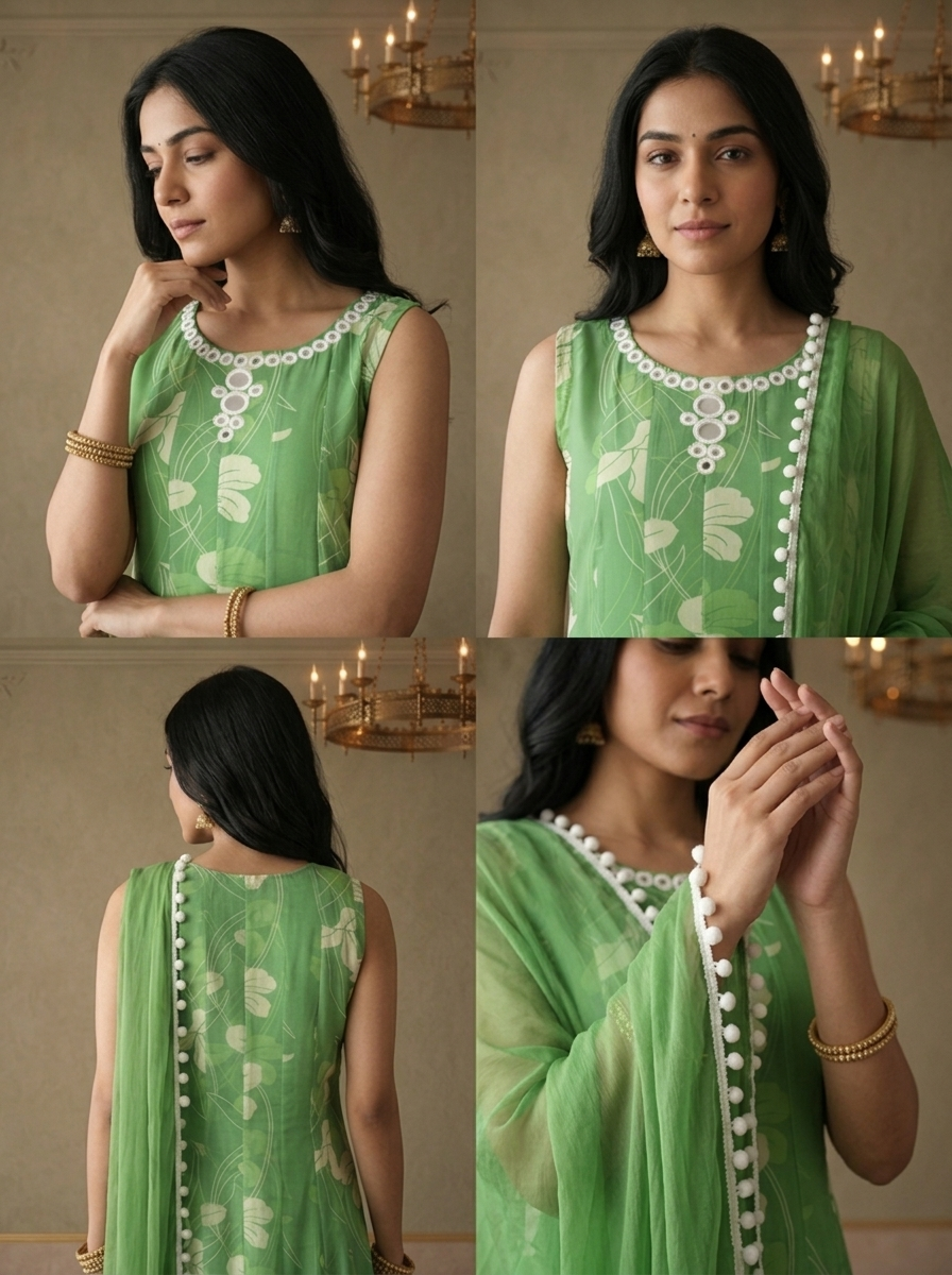 Green Georgette Floral Vine Printed Three Piece Set