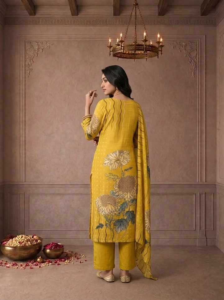 Mustard Silk Sunflower Floral Printed Three Piece Set