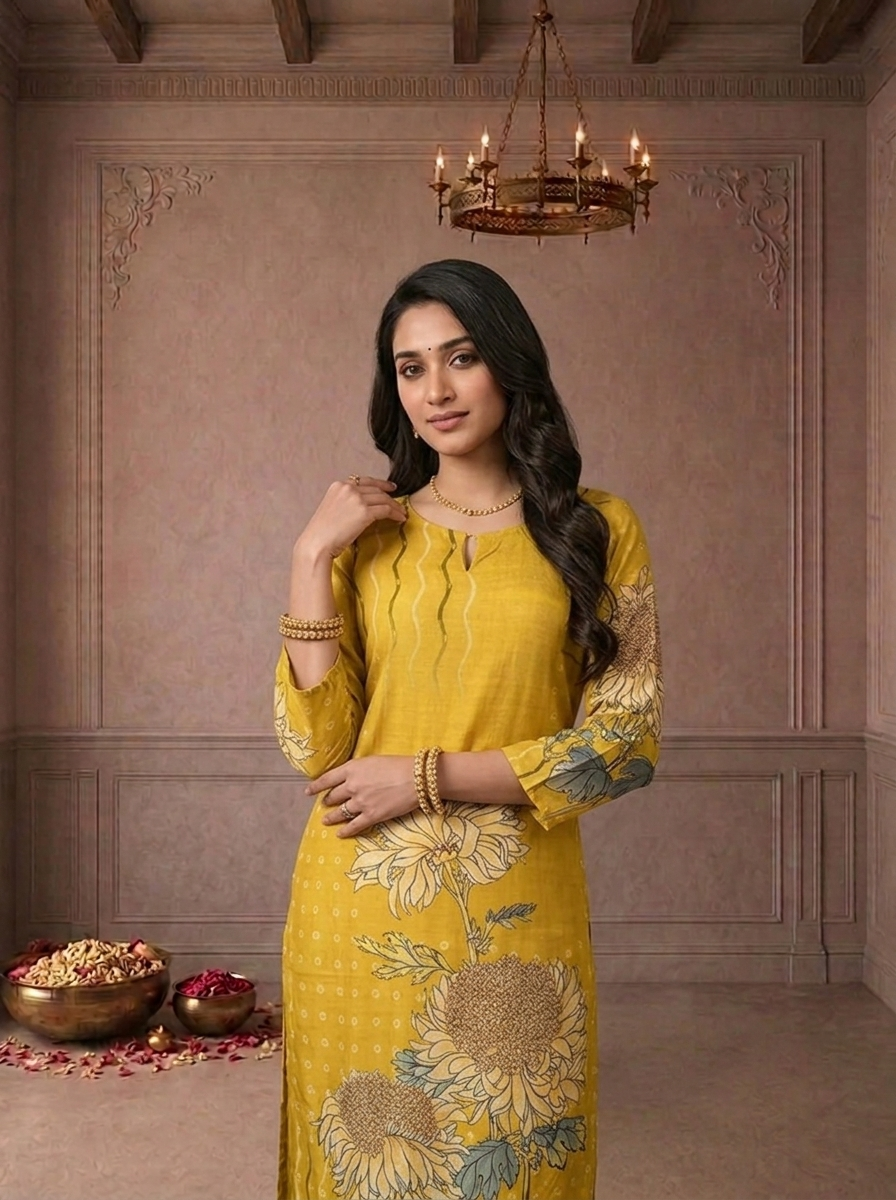 Mustard Silk Sunflower Floral Printed Three Piece Set