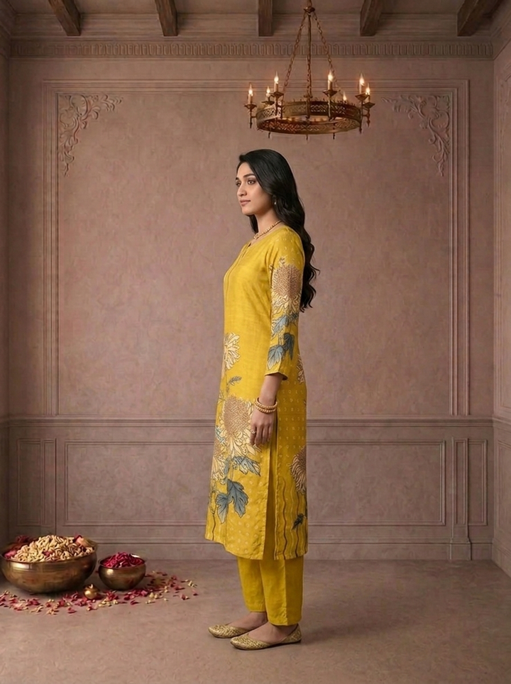 Mustard Silk Sunflower Floral Printed Three Piece Set