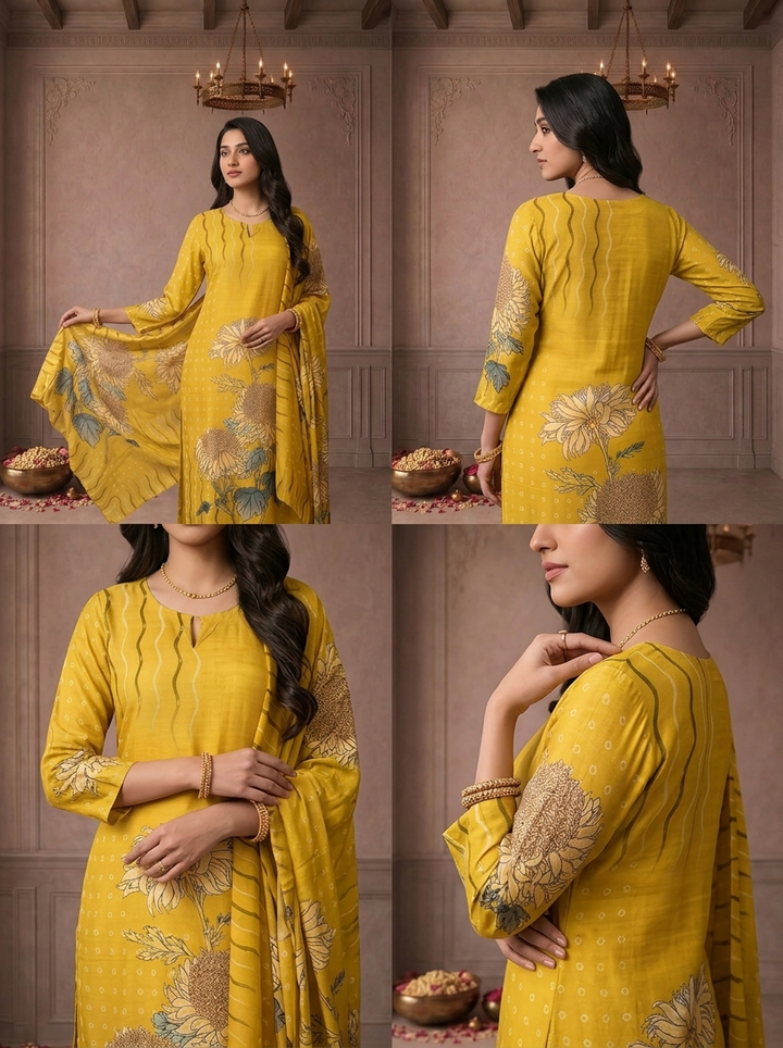 Mustard Silk Sunflower Floral Printed Three Piece Set