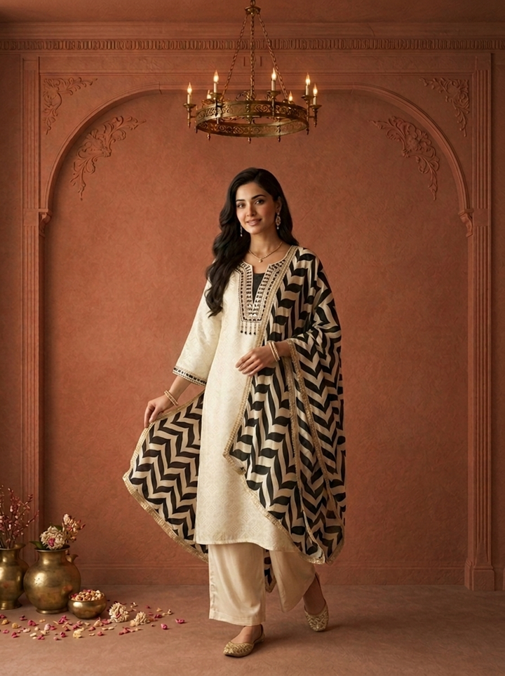 Black Cotton Zari Diamond Printed Three Piece Set