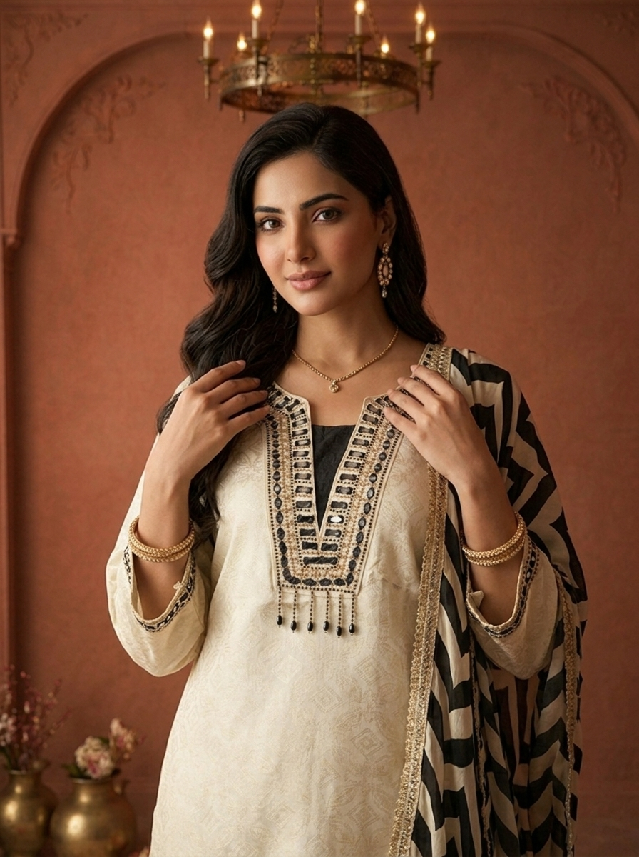Black Cotton Zari Diamond Printed Three Piece Set