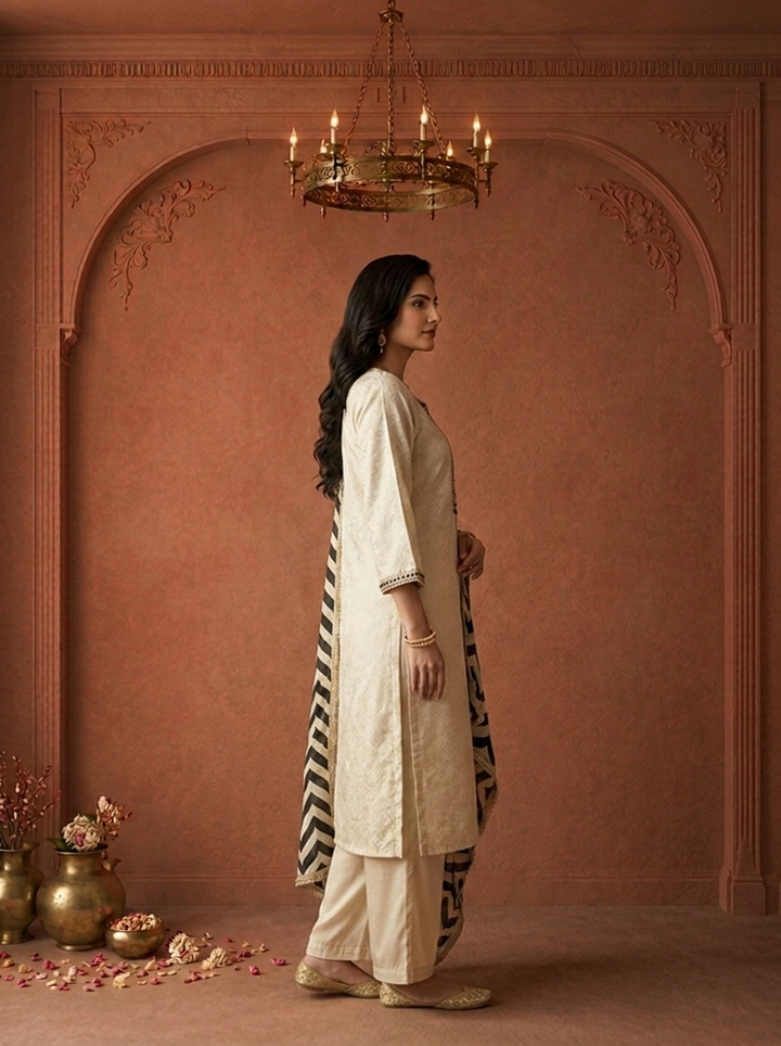 Black Cotton Zari Diamond Printed Three Piece Set