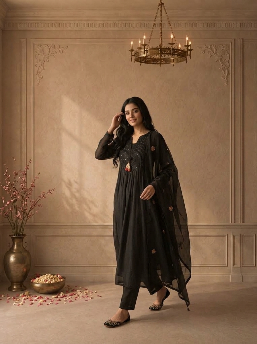 Black Cotton Pintuck Pleated Embroidered Three Piece Set
