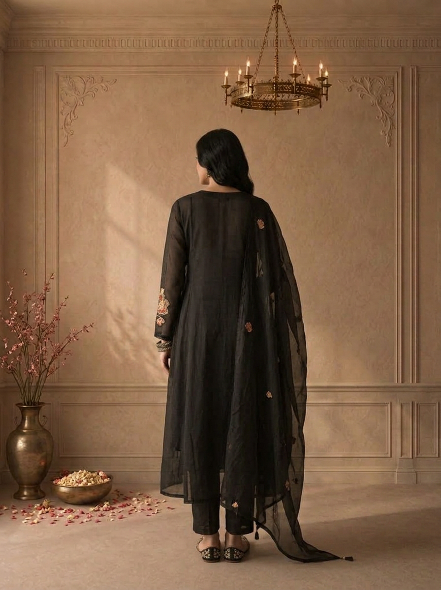 Black Cotton Pintuck Pleated Embroidered Three Piece Set