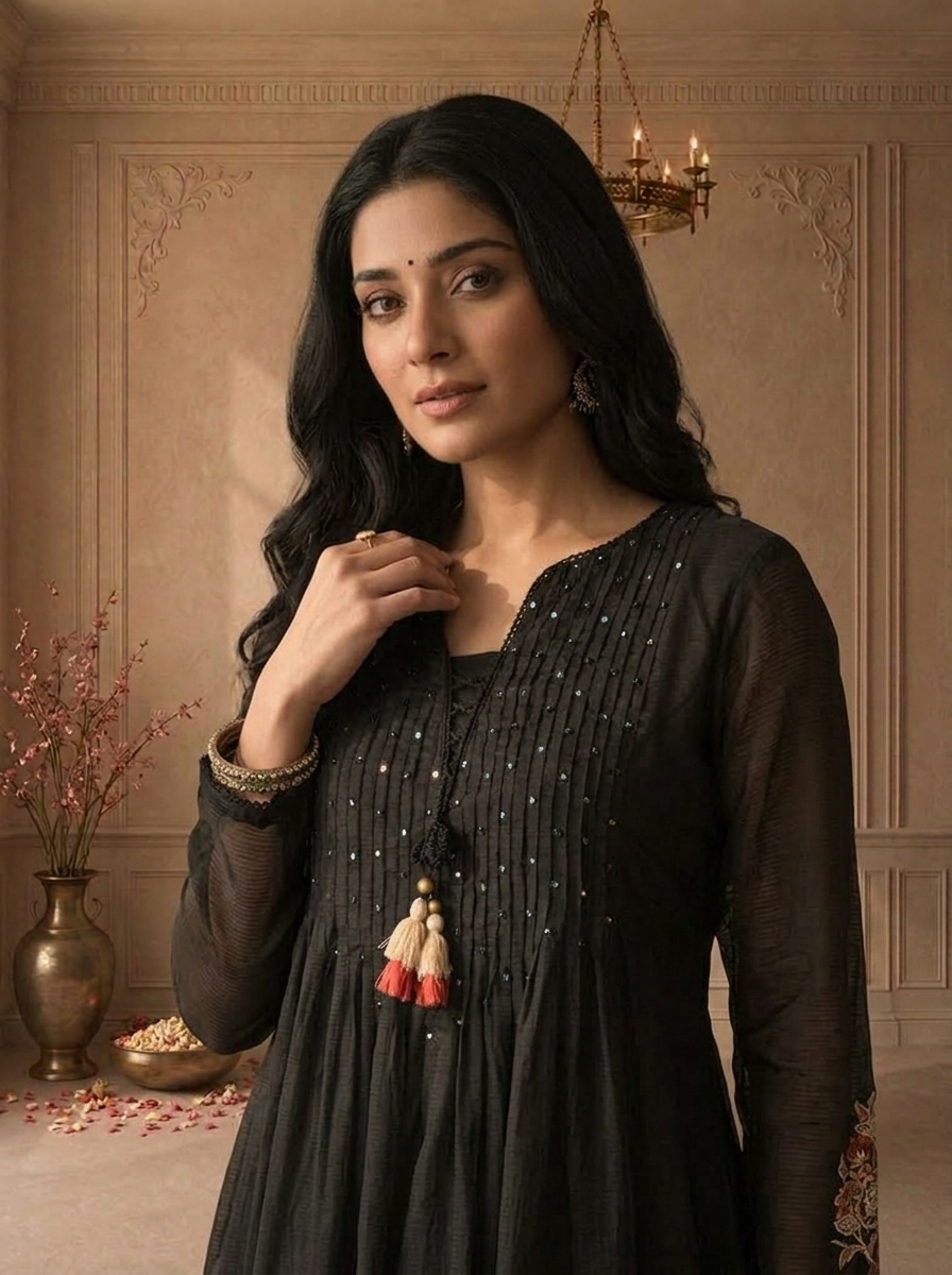 Black Cotton Pintuck Pleated Embroidered Three Piece Set