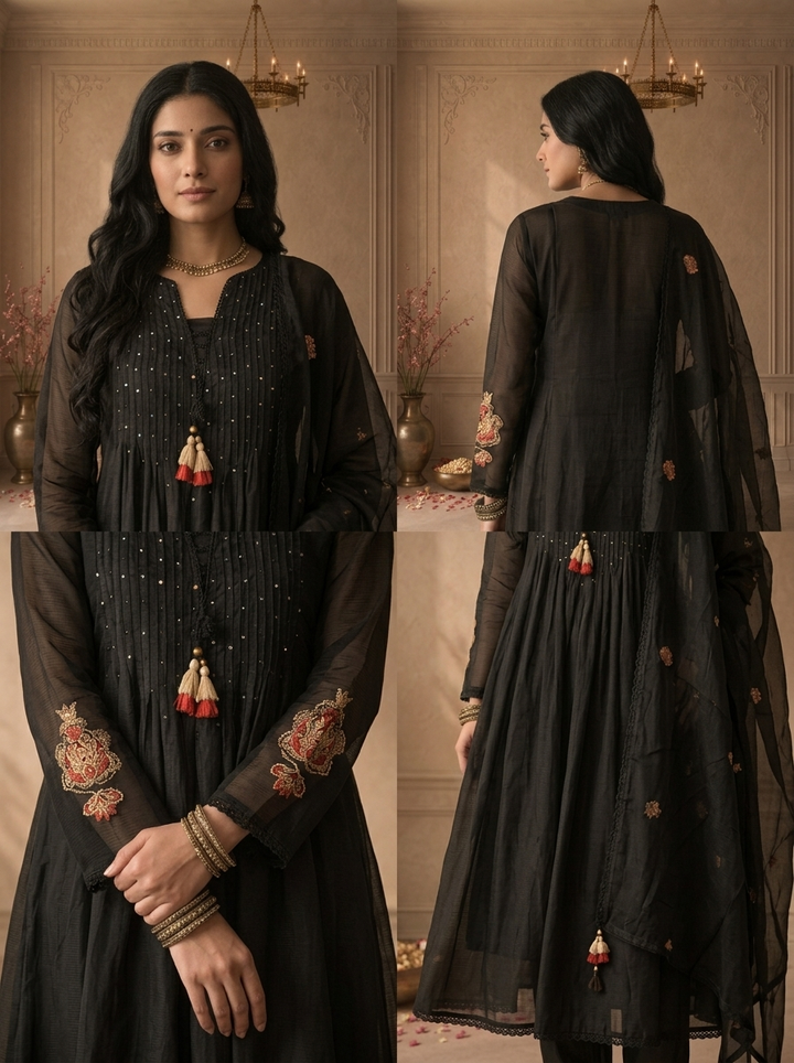 Black Cotton Pintuck Pleated Embroidered Three Piece Set