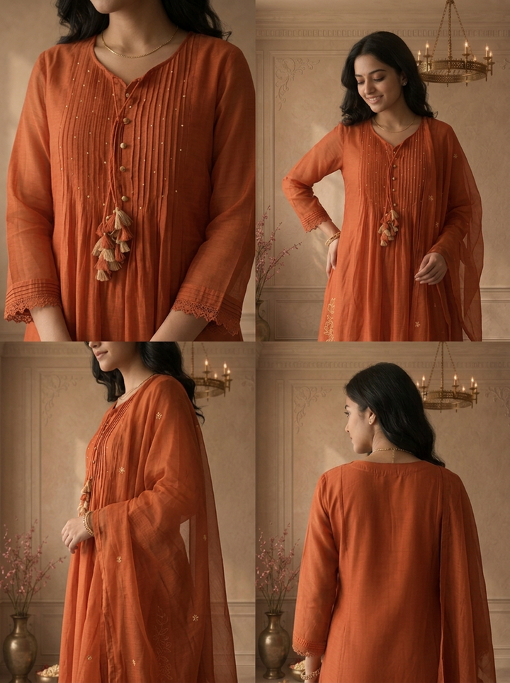 Burnt Orange Cotton Floral Daman Embroidered Three Piece Set