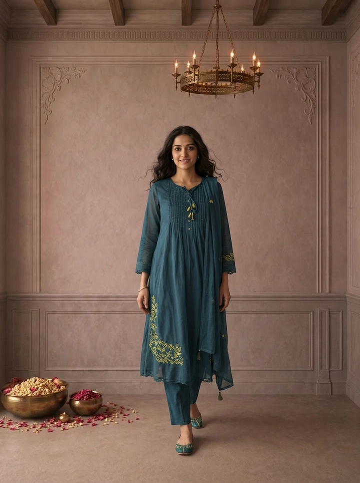 Teal Blue Cotton Floral Daman Embroidered Three Piece Set