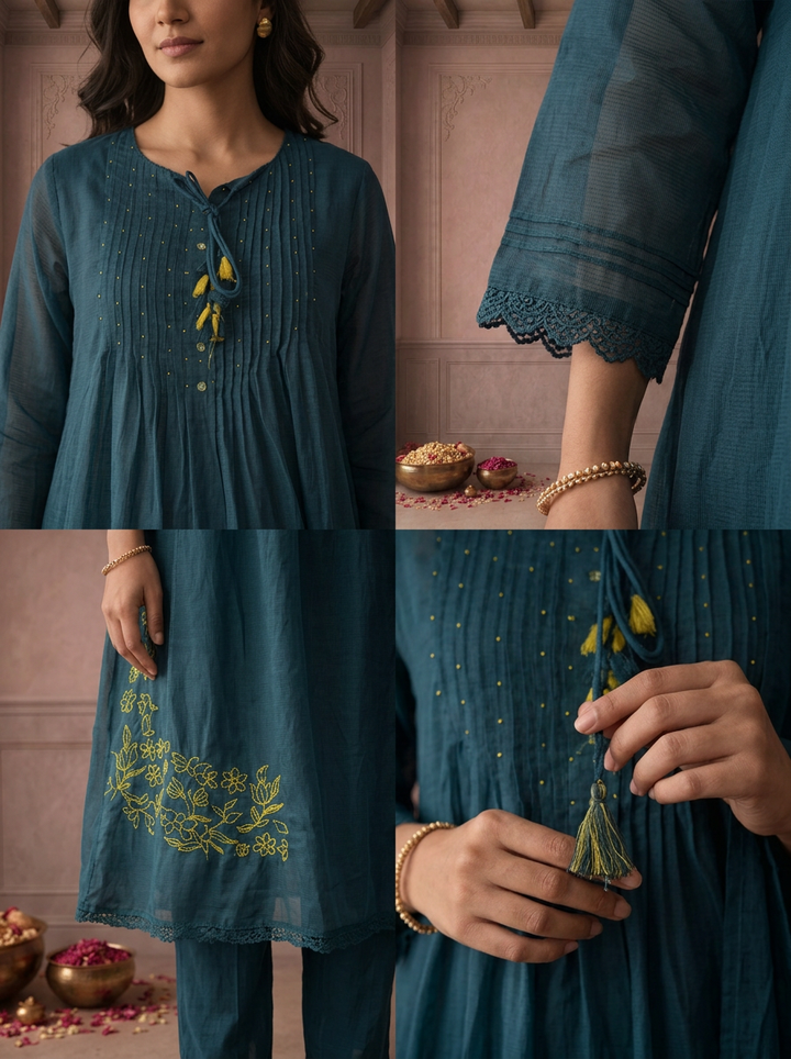 Teal Blue Cotton Floral Daman Embroidered Three Piece Set