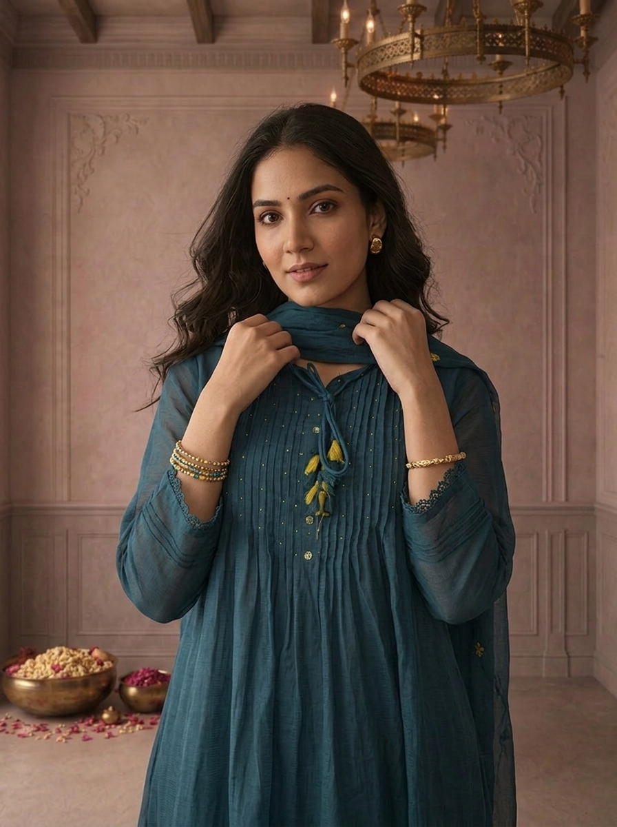Teal Blue Cotton Floral Daman Embroidered Three Piece Set