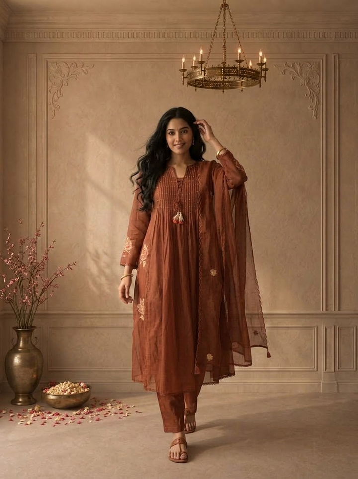 Brown Cotton Pintuck Pleated Embroidered Three Piece Set