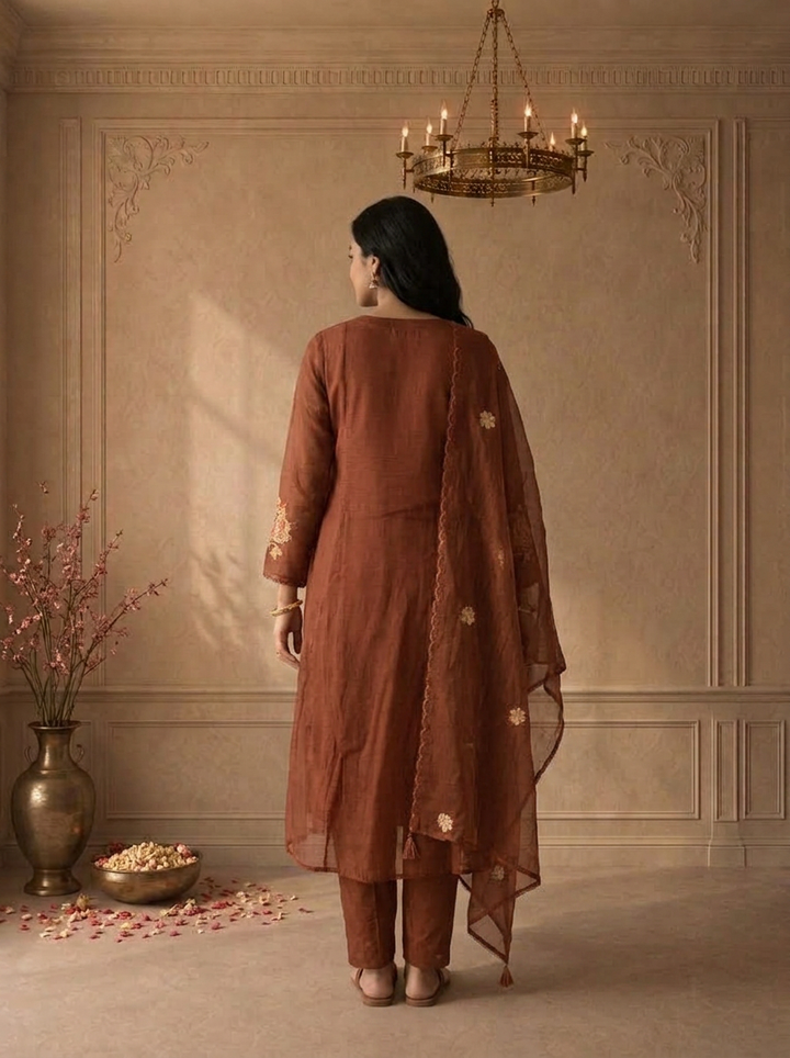 Brown Cotton Pintuck Pleated Embroidered Three Piece Set