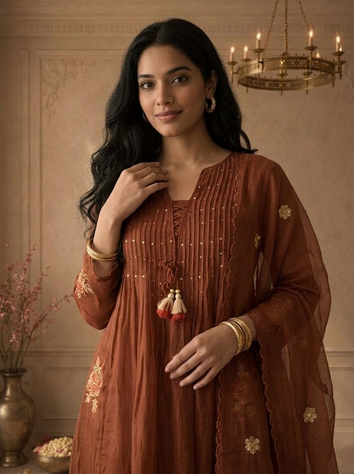 Brown Cotton Pintuck Pleated Embroidered Three Piece Set