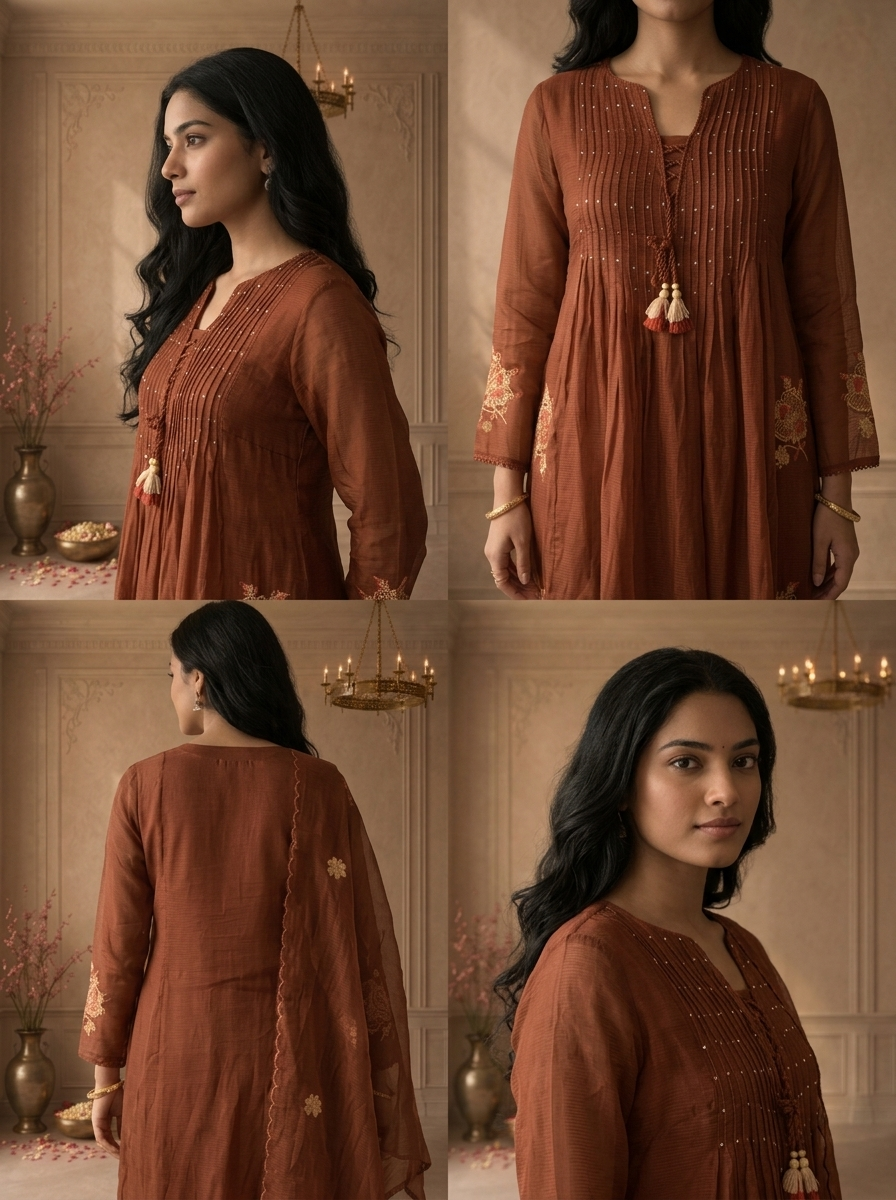 Brown Cotton Pintuck Pleated Embroidered Three Piece Set