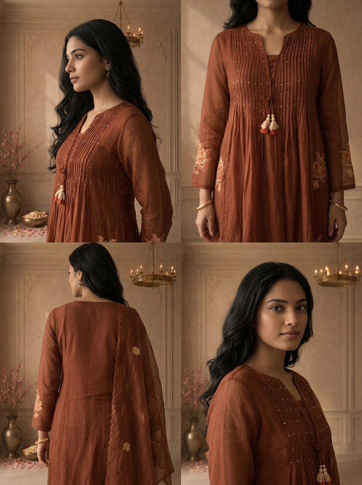 Brown Cotton Pintuck Pleated Embroidered Three Piece Set
