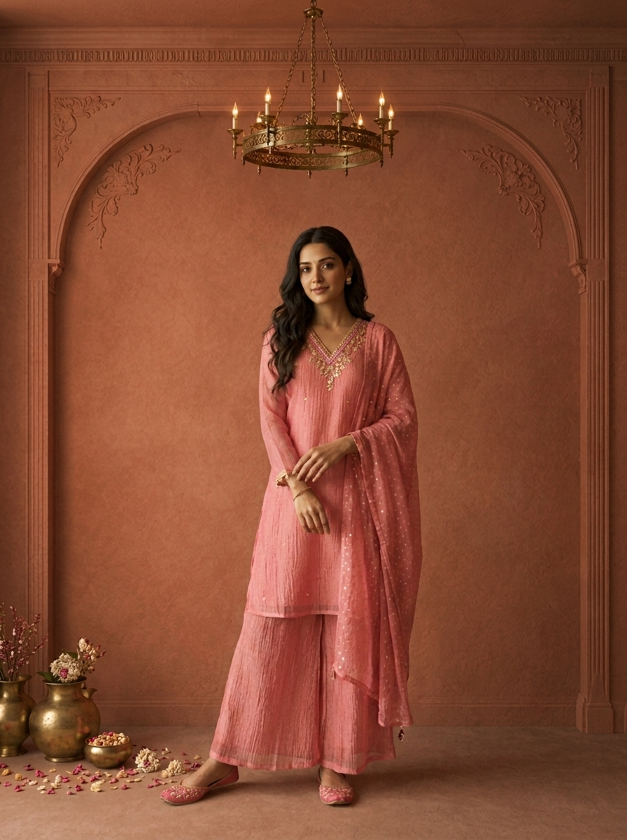 Rose Pink Tissue Sequin Butti Embroidered Three Piece Set